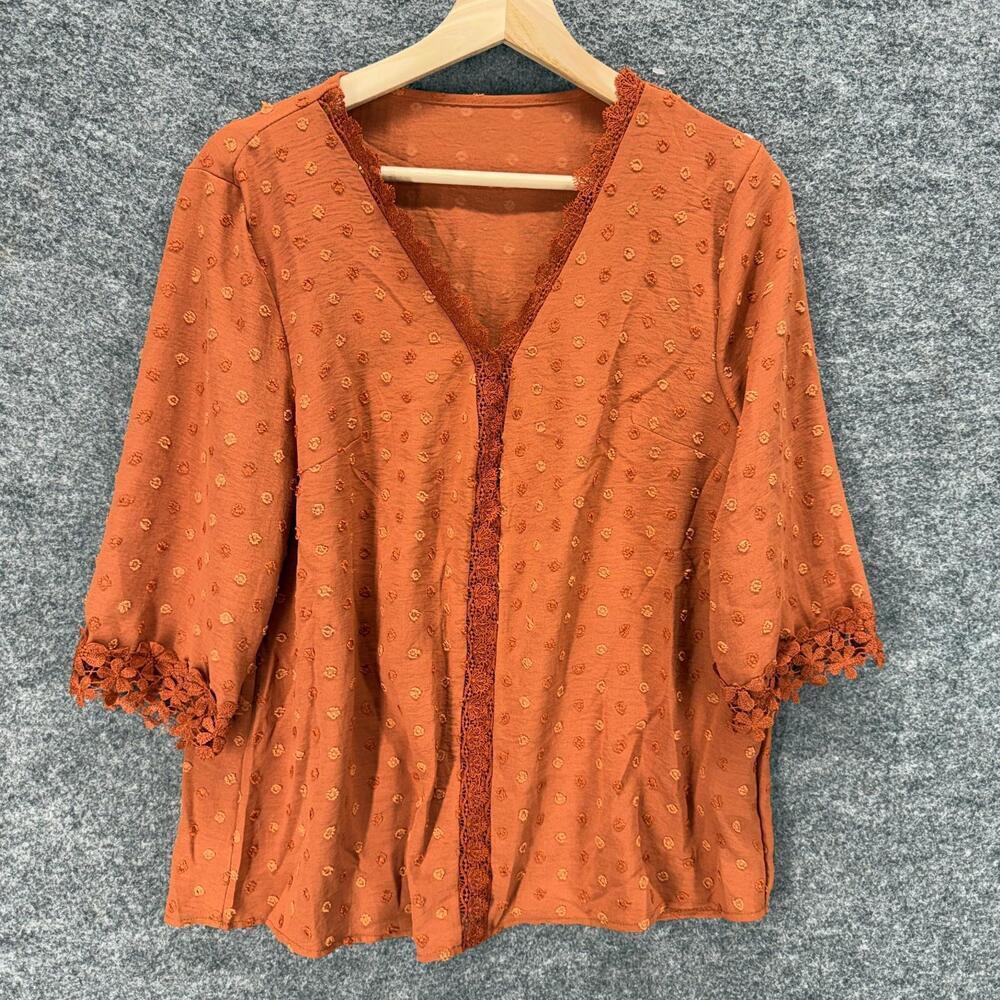 SheIn Blouse Women L Large Orange Polka Dot Embroidered V-Neck 3/4 Sleeve Casual